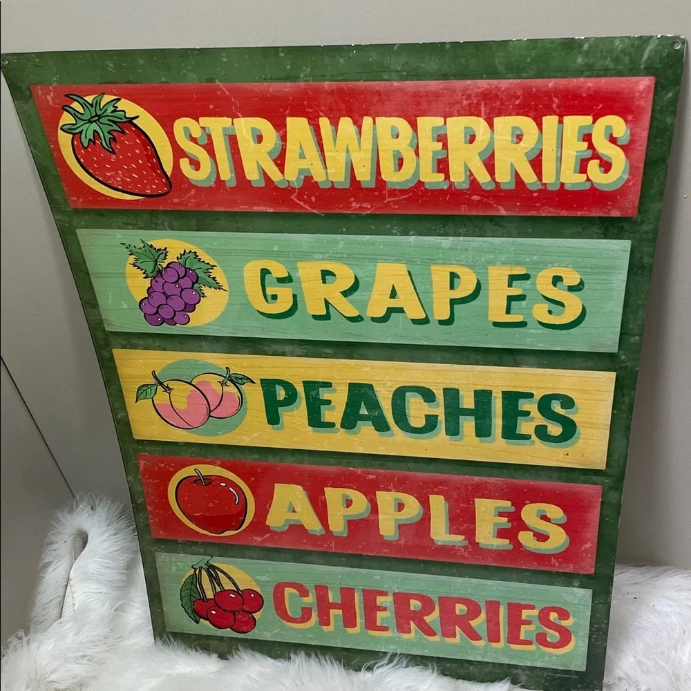 Farmstand Fruit metal Sign - Strawberries Grapes Peaches Apples Cherries